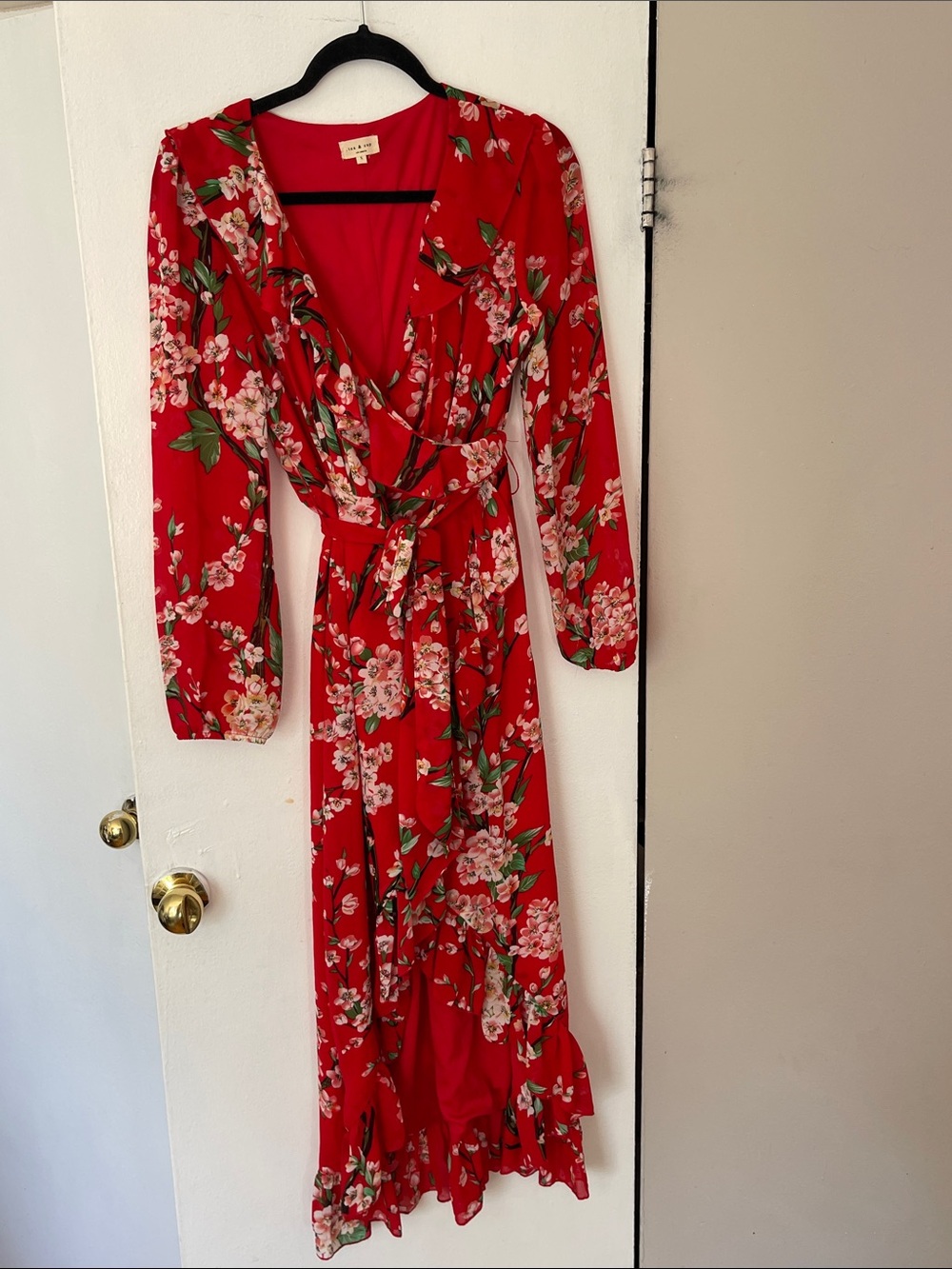Mendocino brand “ tea and cup “ Red Floral High-Low Wrap Dress